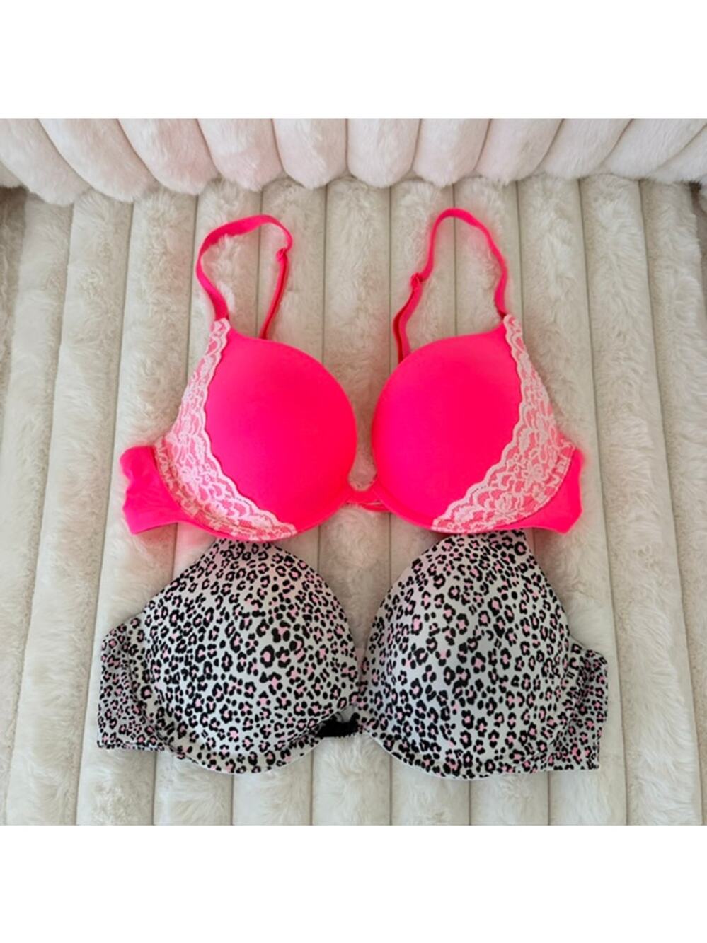 Victoria's Secret Lot of 2 Padded Bras Adjustable Pink Lace Animal Print 36B